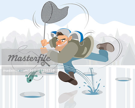 Vector illustration of man fishing in the winter
