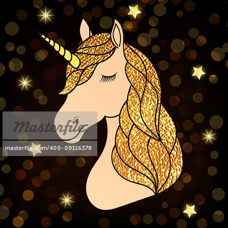 Head of hand drawn unicorn with golden hair on dark night background.