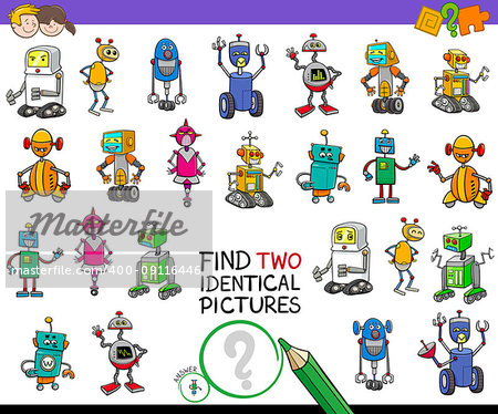 Cartoon Illustration of Finding Two Identical Pictures Educational Game for Children with Robot Fantasy Characters