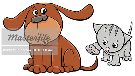 Cartoon Illustration of Puppy and Cute Little Kitten Pet Animal Characters