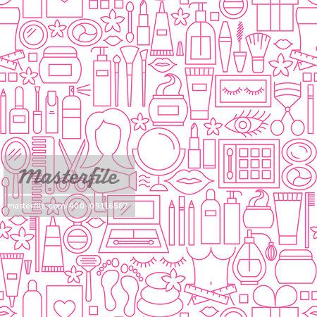 Cosmetics White Line Seamless Pattern. Vector Illustration of Outline Tileable Background.