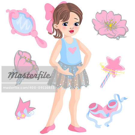 Vector illustration of little ballerina and other related items- magic wand, star, glitters, flower of rose, mirror, crown, tiara.