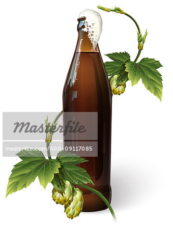 Bottle with beer, with foam and hops