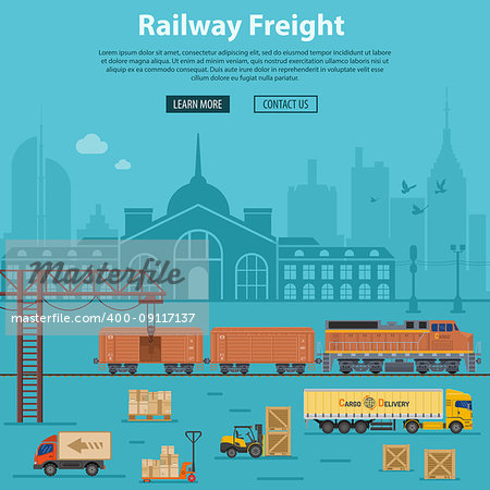 Railway Freight Delivery and Logistics with flat Icons train, delivery, station, truck, rails and forklift. Vector illustration