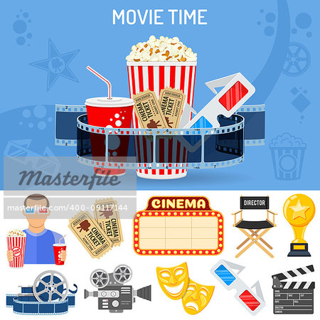 Cinema and Movie time concept with flat icons masks, 3D glasses, clapperboard and viewer with popcorn and soda in hands. Isolated vector illustration