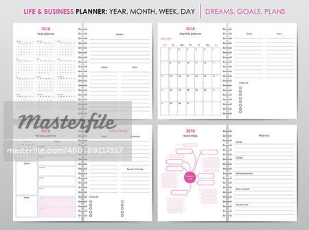 Set of planners for 2018, life and business planner sheets, organizer for personal and work issues