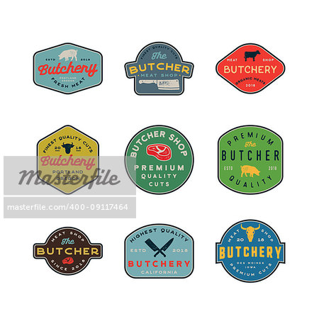 set of vintage butchery logos. retro styled meat shop emblems, badges, design elements, logotype templates. vector illustration