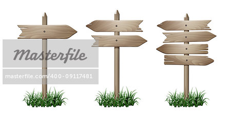 Set of wooden signpost with arrows in grass isolated on white background. Vector illustration