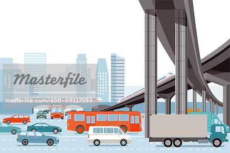 Road traffic in the city with elevated train, illustration