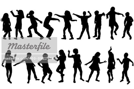 Silhouettes of children dancing on white background
