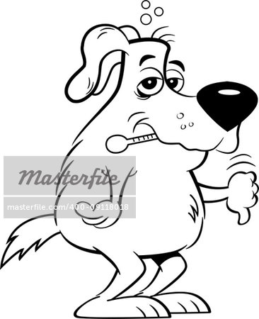 Black and white illustration of a sick dog with a thermometer in his mouth.