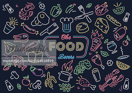 It's a vector illustration depicting different food ingredients as fruit and meat for those who love to cook