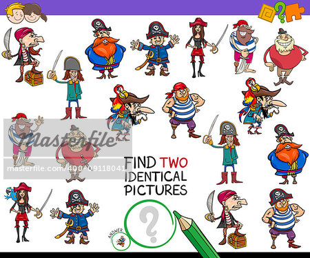 Cartoon Illustration of Finding Two Identical Pictures Educational Game for Children with Pirates Fantasy Characters