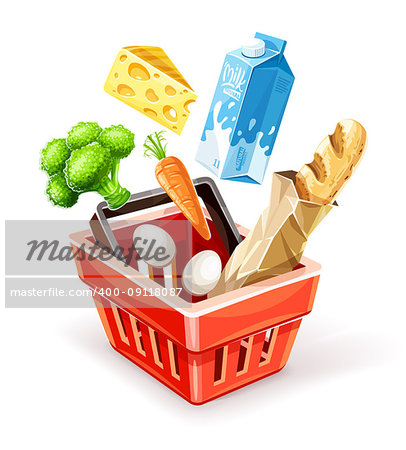 Shopping basket. Organic food sale concept. Goods products falling down into red basket. Milk package, cheese, vegetables broccoli cabbage and carrot, bread baguette in paper packaging, eggs, isolated on white transparent background. Eps10 vector illustration.