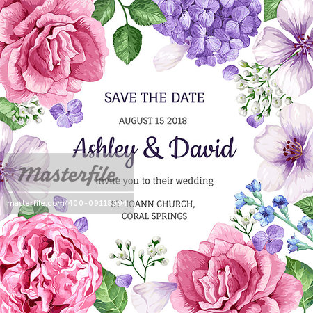 Wedding Invitation card with flowers in watercolor style on white background. Template for greeting card. Editable elements. Art vector illustration.