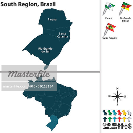 Vector set of South Region of Brazil with flags and map on white background