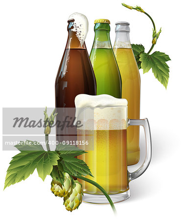 Beer mug, three different bottles of beer and hops