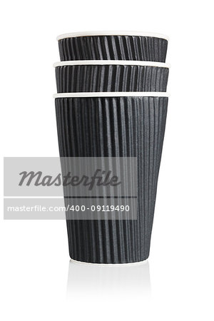 Stack of Three Black Disposable Paper Cups on White Background