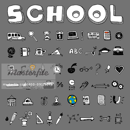 School and educational icons on gray background