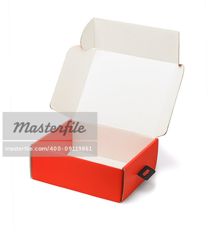 Open Red Product Packaging Box Lying on White background