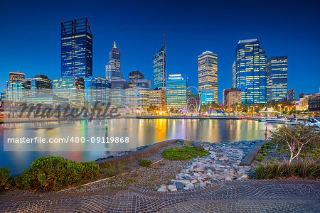 Cityscape image of Perth downtown skyline, Australia during sunset.