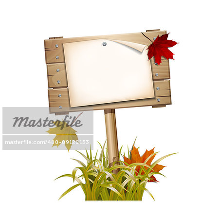 Autumn wooden sign in faded grass with falling red and yellow leaves. Vector illustration isolated on white background