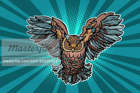 Beautiful realistic owl in flight. Comic book cartoon pop art retro vector illustration
