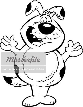 Black and white illustration of a dog with his arms raised.