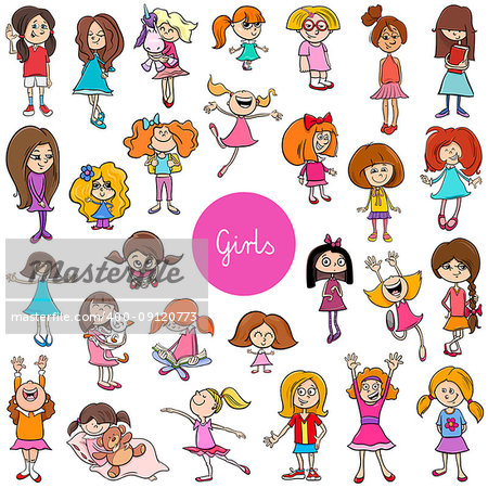 Cartoon Illustration of Elementary Age Girls Children or Teenager Characters Group Huge Set