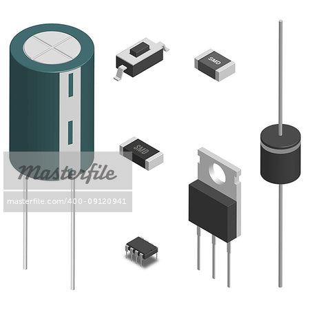 Set of different active and passive electronic components isolated on white background. Resistor, capacitor, diode, microcircuit, fuse and button. 3D isometric style, vector illustration.