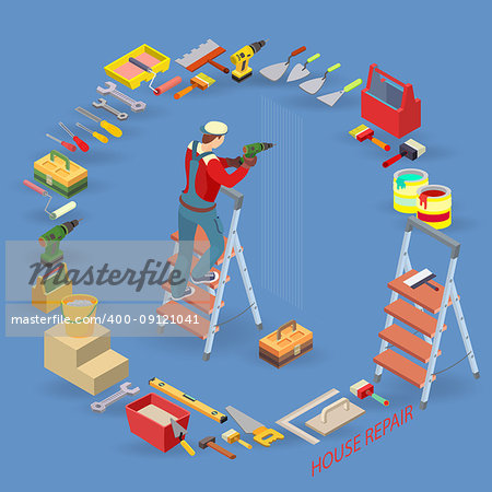 Home repair service. Isometric interior repairs concept. Worker on ladder, equipment and items isometric icon. Builders in uniform, professional tools. Vector flat 3d illustration.