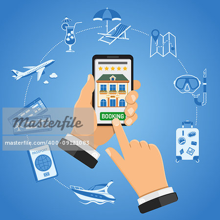Vacation and Tourism Concept with two color flat icons. Man holding smartphone in hand and Online Booking Hotel. Isolated vector illustration