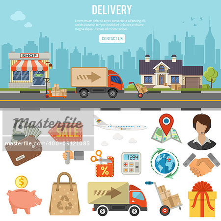 Online internet shopping and delivery banner and infographics. Flat Style Icons shop, delivery, sale, storage and house. Isolated vector illustration