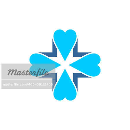 Blue vector cross covered four blue hearts