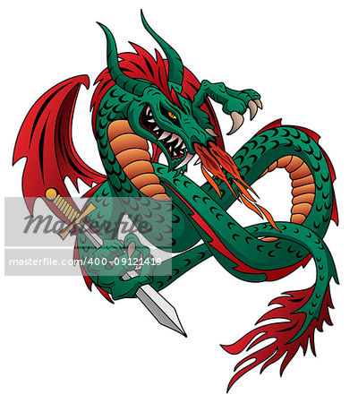 Angry flying fire breathing dragon, holding a knights sword, sharp teeth, full bold colors