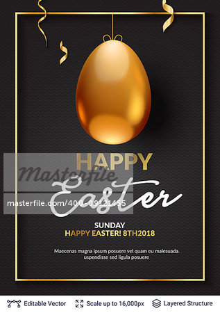 Golden colored egg and copy space frame on black backdrop. Editable vector illustration.