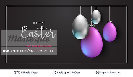 Colored eggs and copy space frame on black backdrop. Editable vector illustration.