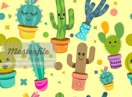 A seamless pattern of cheerful cactus plant characters with smiling faces in colourful pots. Vector illustration.