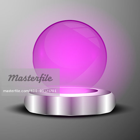 Vector illustration of clear purple illuminated sphere on plate metal emblem