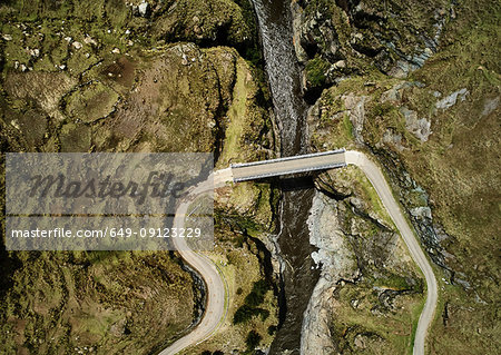 Aerial view of bridge crossing river, Huinchiri, Cusco, Peru