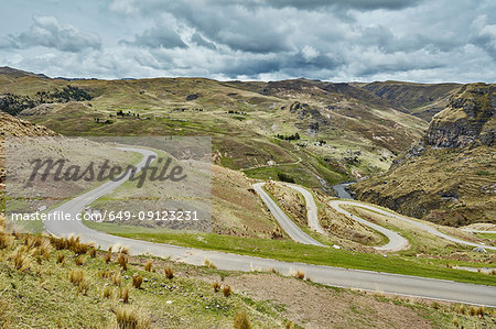 Landscape view of rural roads with hairpin bends, Huinchiri, Cusco, Peru