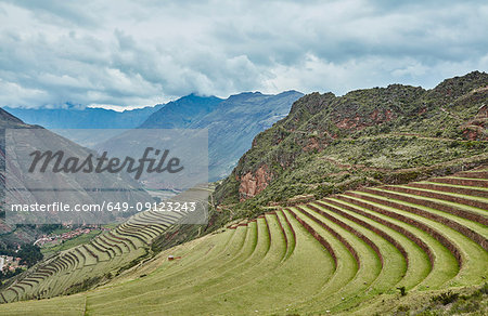 Terraced fields and distant mountains, Pisac, Cusco, Peru
