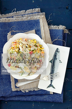 Egg, potato, corn, green peas and carrot salad with smoked mackerel and mayo sauce Egg, potato, corn, green peas and carrot salad with smoked mackerel and mayo sauce