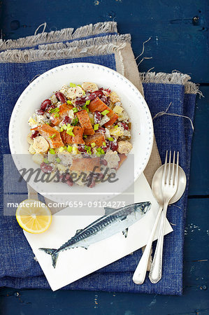 Red kidney, pickled mushrooms and potato salad with smoked herring and mayo sauce