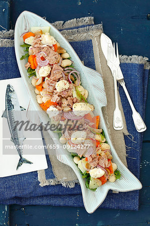 White bean, rocket, carrot, potatoes and tuna salad with mayo