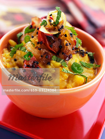 A bowl of indian tarka dhal vegetarian lentils