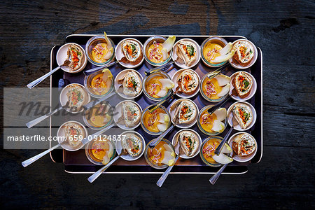 Various vegetarian amuse-bouches on a tray (seen from above)