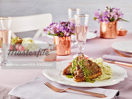 Steak with mint pesto and mashed potato