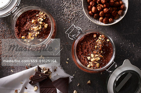 Chia puddings with chocolate and hazelnuts