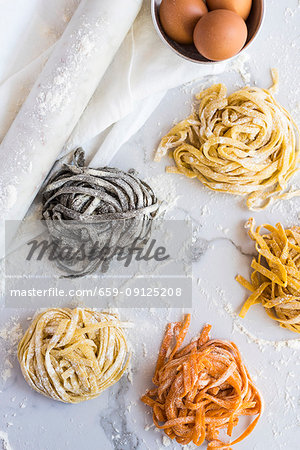 Homemade coloured tagliatelle Homemade coloured tagliatelle